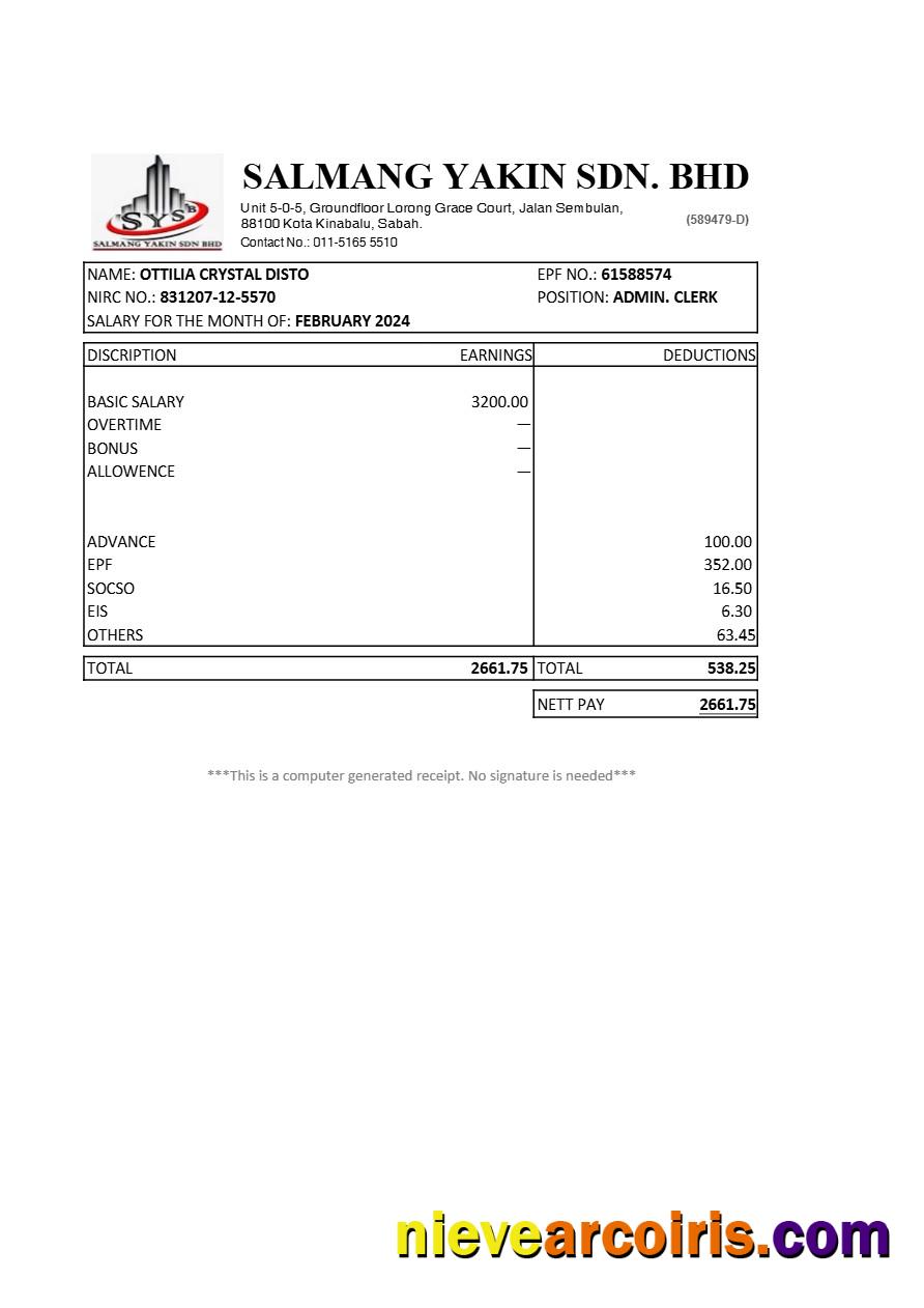 Malaysia Salmang Yakin construction company payslip